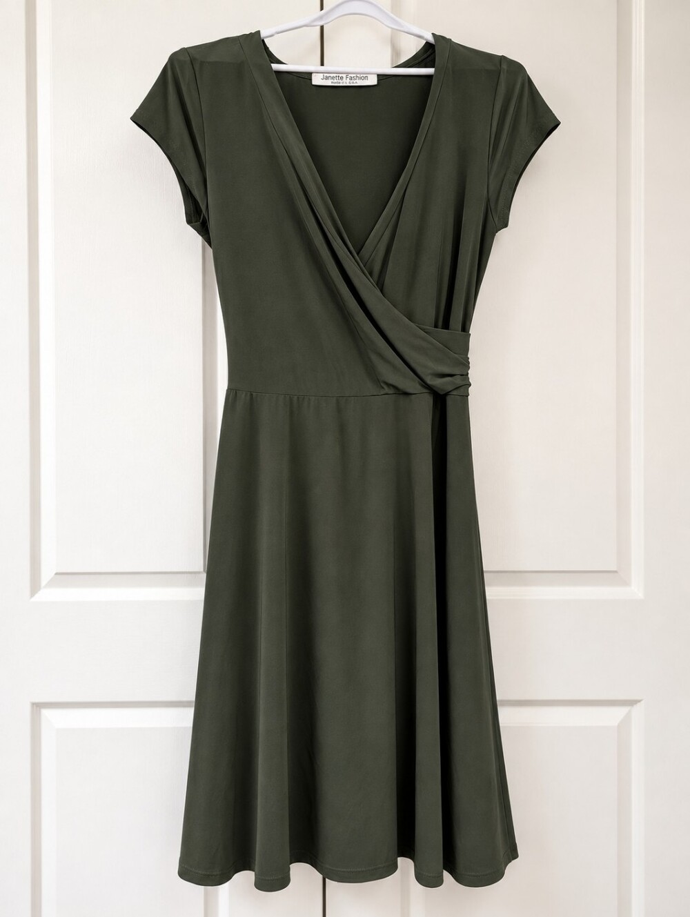 Janette Plus Dark Olive Faux Wrap Cap Sleeve Dress